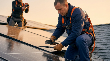 Instalator autorizat verifică un conector MC4 între panouri fotovoltaice pe acoperiș, pentru montaj de calitate