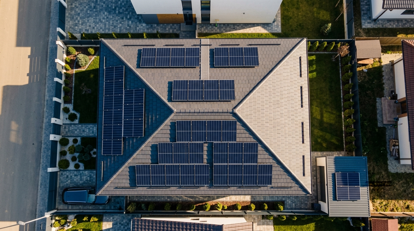 Vedere de sus a unui acoperiș cu panouri fotovoltaice montate cu distanțe de siguranță conform normativului P118-1/2025