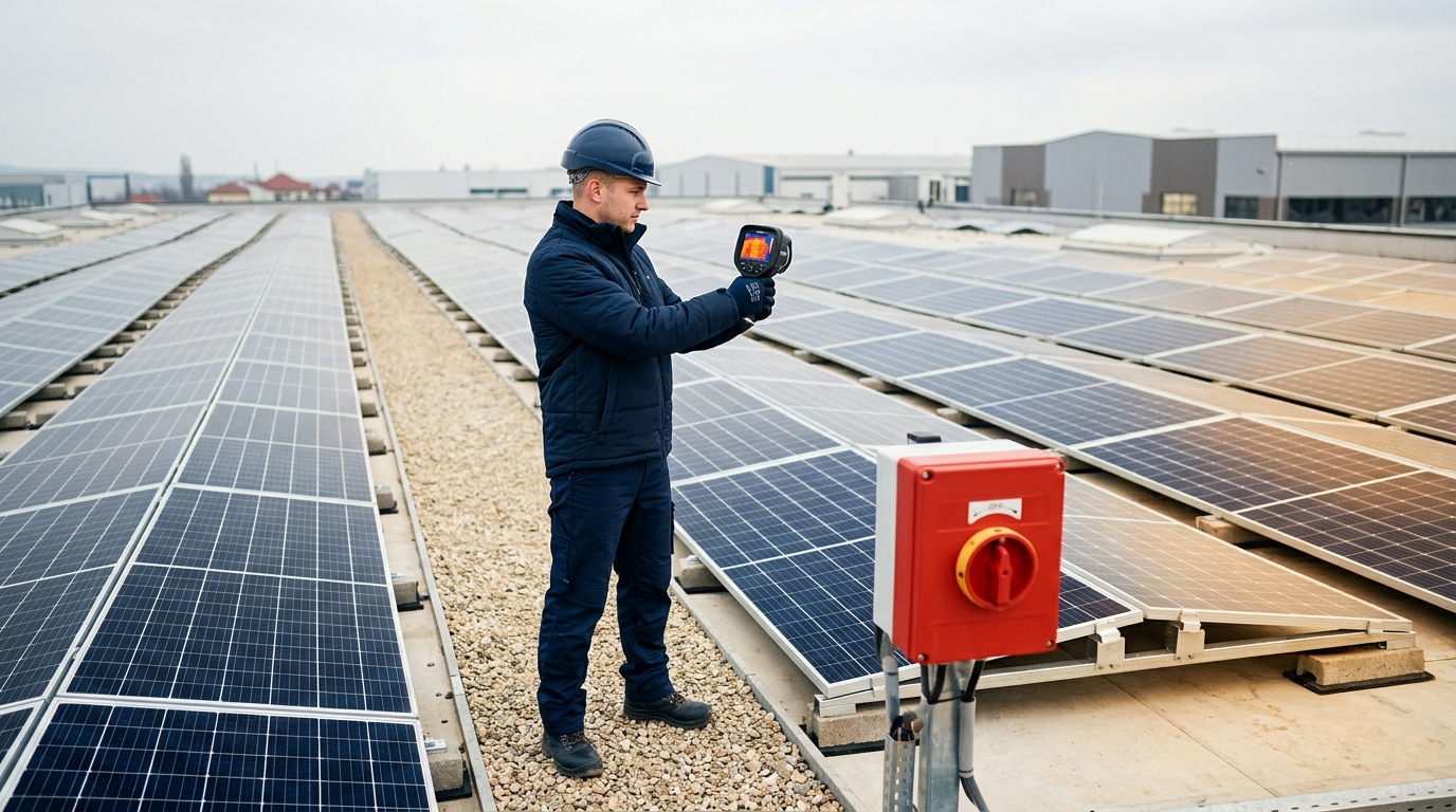 Tehnician face inspecție termografică la panouri fotovoltaice pe un acoperiș comercial, cu întreruptor de urgență marcat
