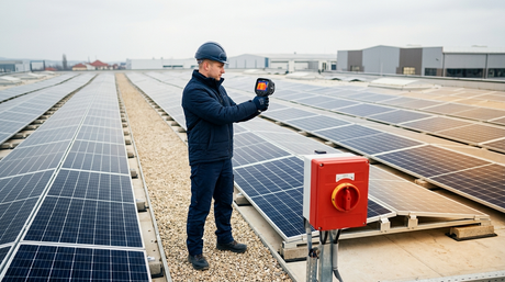 Tehnician face inspecție termografică la panouri fotovoltaice pe un acoperiș comercial, cu întreruptor de urgență marcat