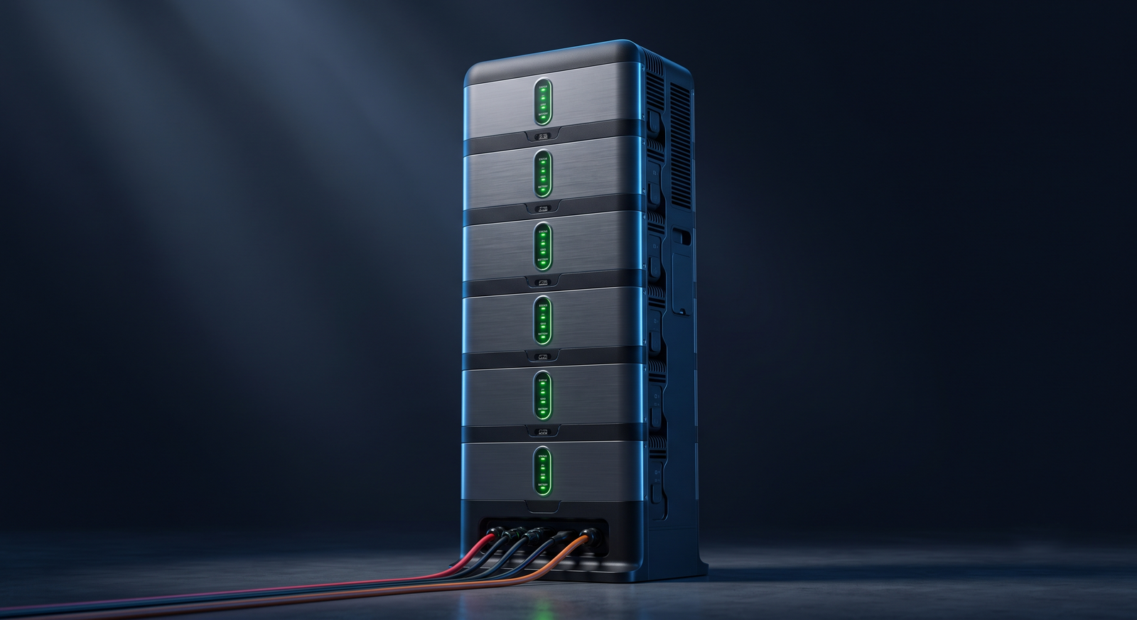 Turn de baterii high-voltage cu module stivuite în serie și LED-uri verzi de stare