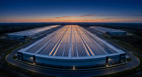 Hale industriale cu panouri fotovoltaice pe acoperiș — sistem fotovoltaic pentru firme