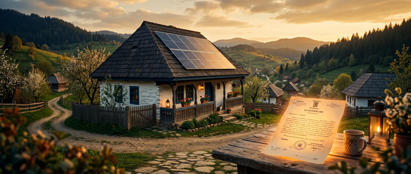 Casă tradițională din România cu panouri fotovoltaice și act de proprietate — intabulare gratuită prin primărie